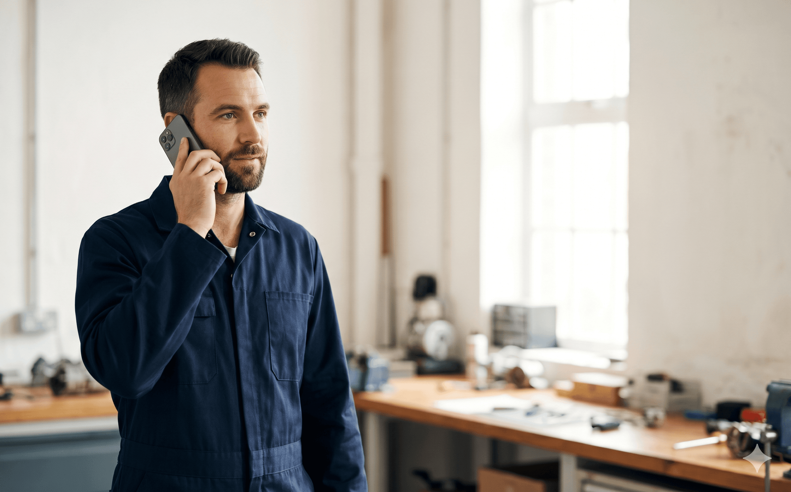 Technik DAR-GAZ przyjmujący zgłoszenie telefoniczne w warsztacie