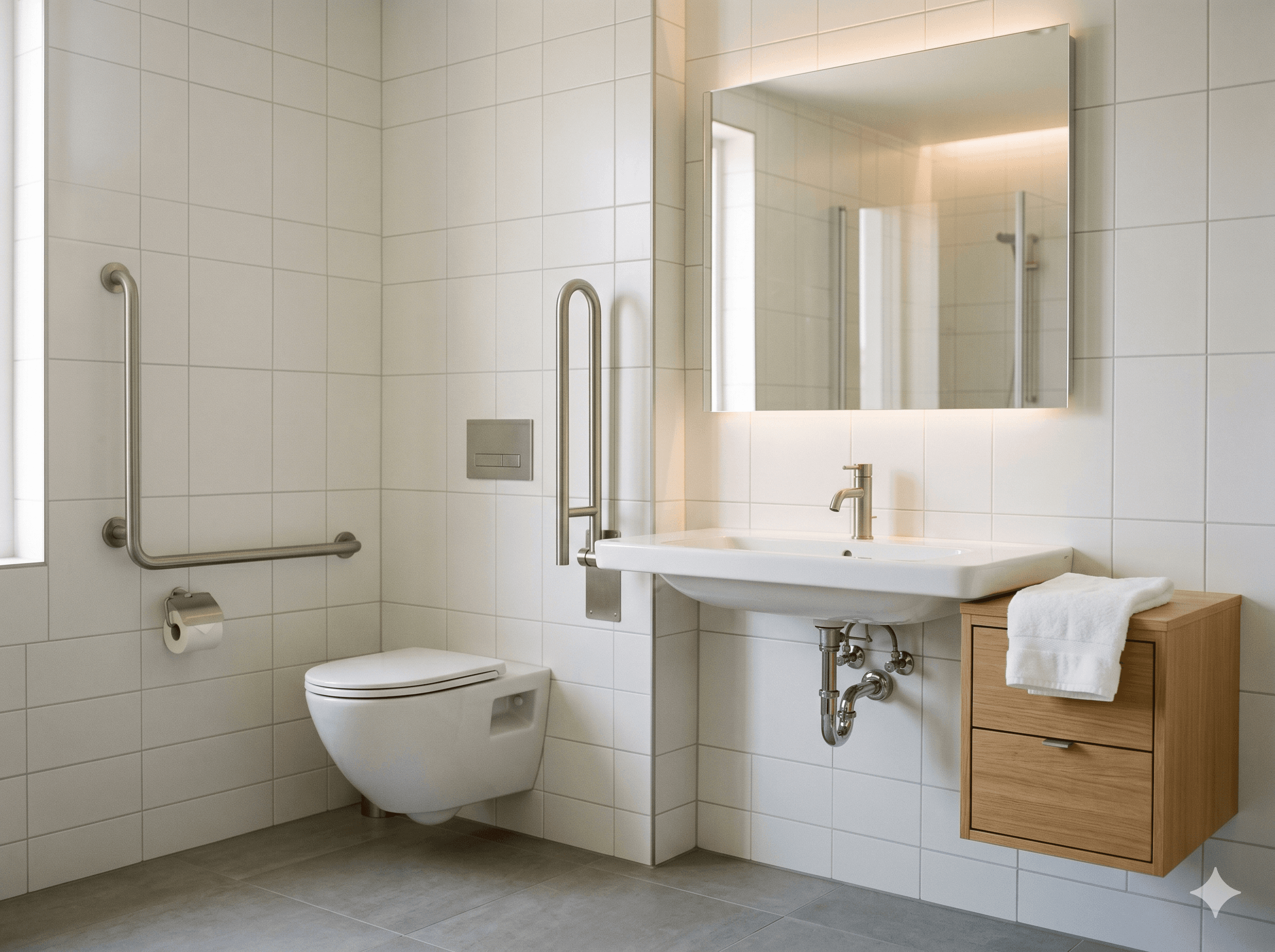 Łazienka PCPR po remoncie — wall-mounted toaleta i umywalka z dostępem